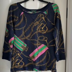 Ralph Lauren Navy Chain and Stripe Long Sleeve Top size M